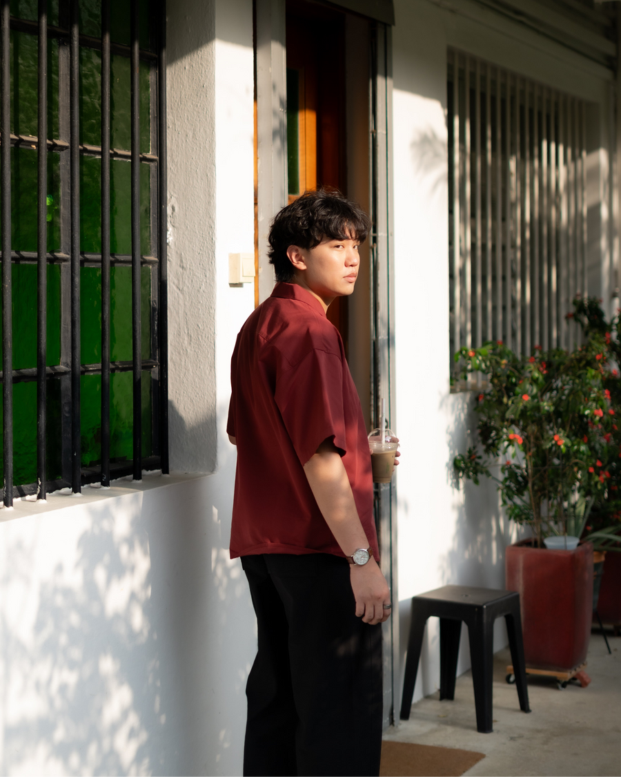 BASHO Relaxed Button Up in Auburn Maroon