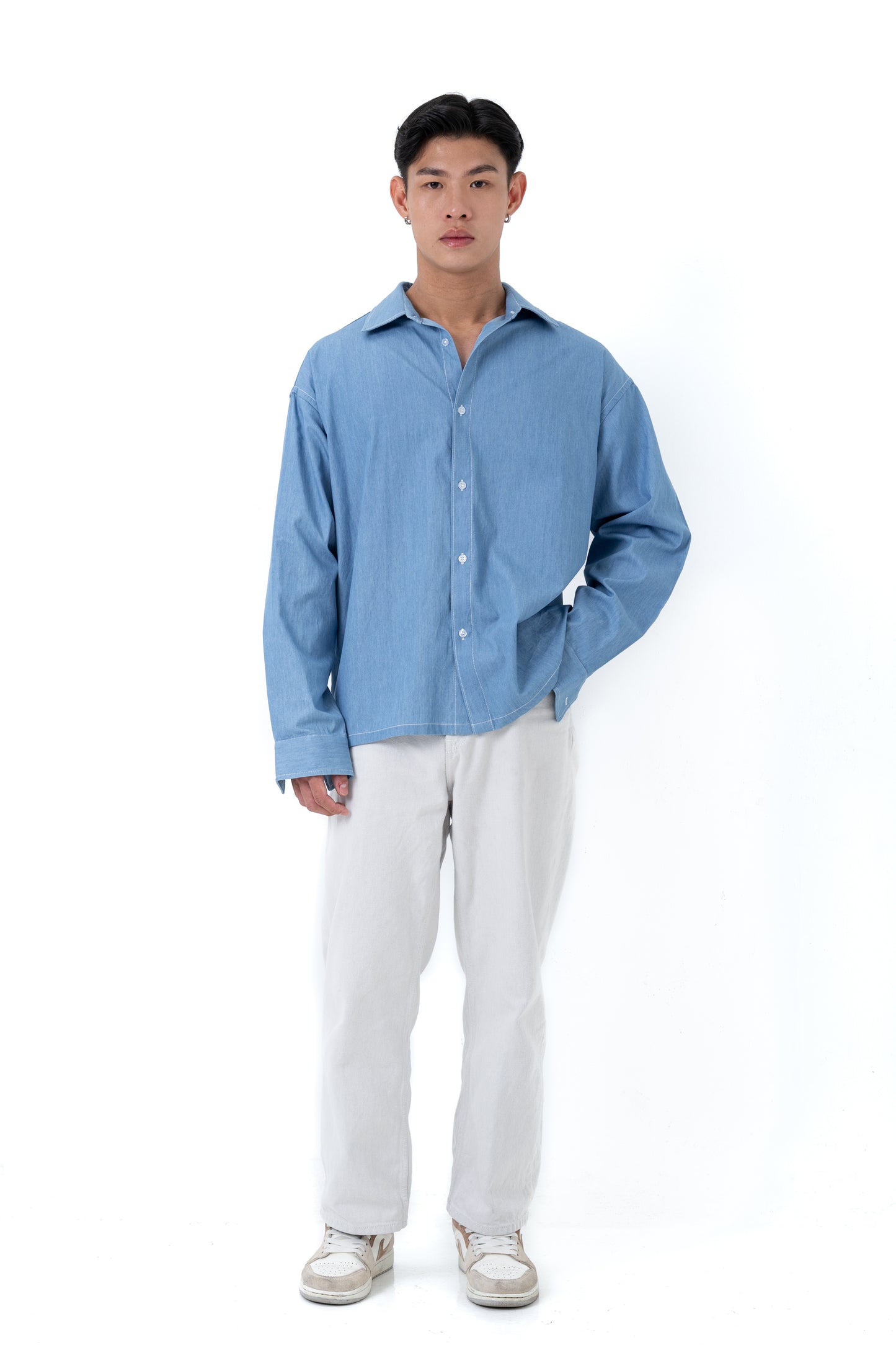 RUMI Long Sleeve Chambray in Sky Blue — 100% cotton relaxed fit shirt by That You Are Singapore