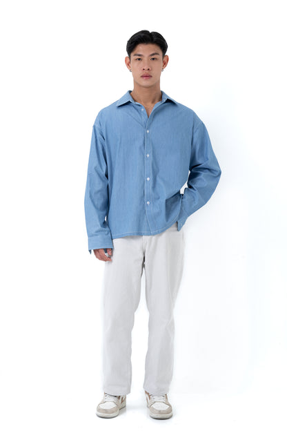 RUMI Long Sleeve Chambray in Sky Blue — 100% cotton relaxed fit shirt by That You Are Singapore