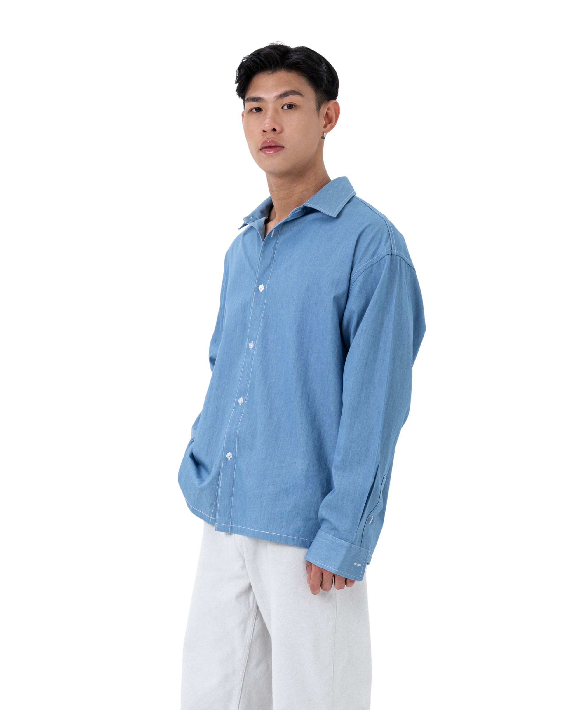 RUMI Long Sleeve Chambray in Sky Blue — 100% cotton relaxed fit shirt by That You Are Singapore