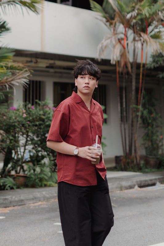 BASHO Relaxed Button Up in Auburn Maroon